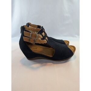 Biza Monica Navy Suede Tan Leather Women's Shoes Wedge Sandal Size 7